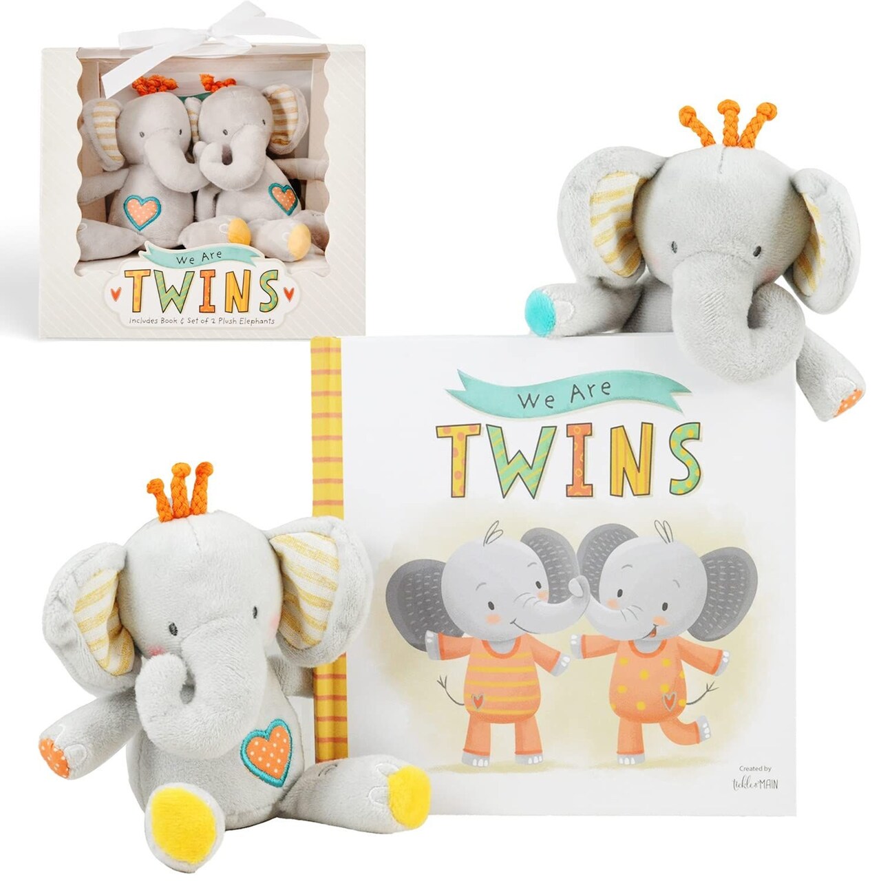 Tickle & Main Baby Gift Set for Twins Newborn & Infant - 3-Piece, Multicolor - Rhyming Baby Book for Twins & 2 Plush Elephant Rattles - Gift for Boys & Girls